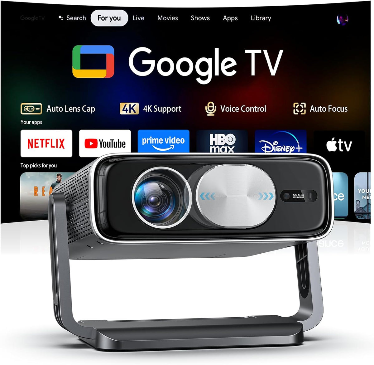 Smart Projector Built in Google TV and 4K Support with WiFi and Bluetooth, 2500ANSI, Auto Lens Cap, Portable Outdoor Movie Projector with Built-in Apps Auto Focus for Ceiling/Home Theater/Bedroom