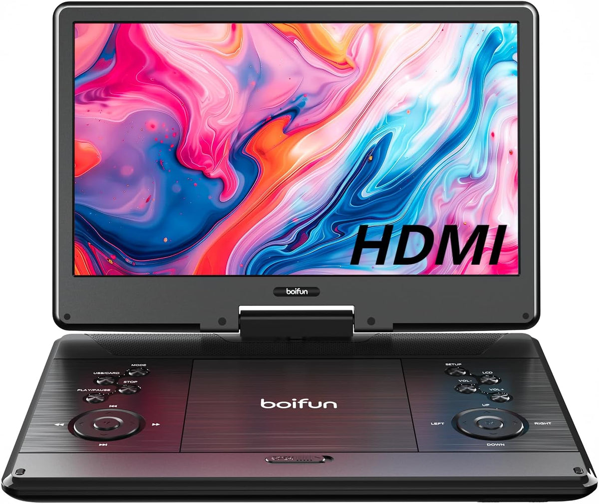 15.7" Portable DVD Player with 14.1" Large Screen Support, HDMI Input, 5 Hrs Rechargeable Battery, Sync TV/Projector, USB/SD, Region Free, Dual Speaker, Multiple Disc Formats, Black