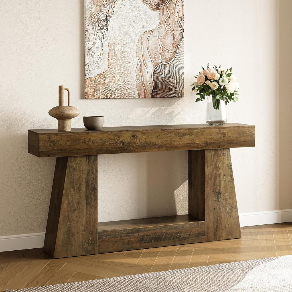 LITTLE TREE 63" Farmhouse Console Table with Storage, Rustic Sofa Table for Entryway, Narrow Long Sofa Table Behind Couch, Console Table for Living Room, Hallway—Versatile Storage Solution, Oak