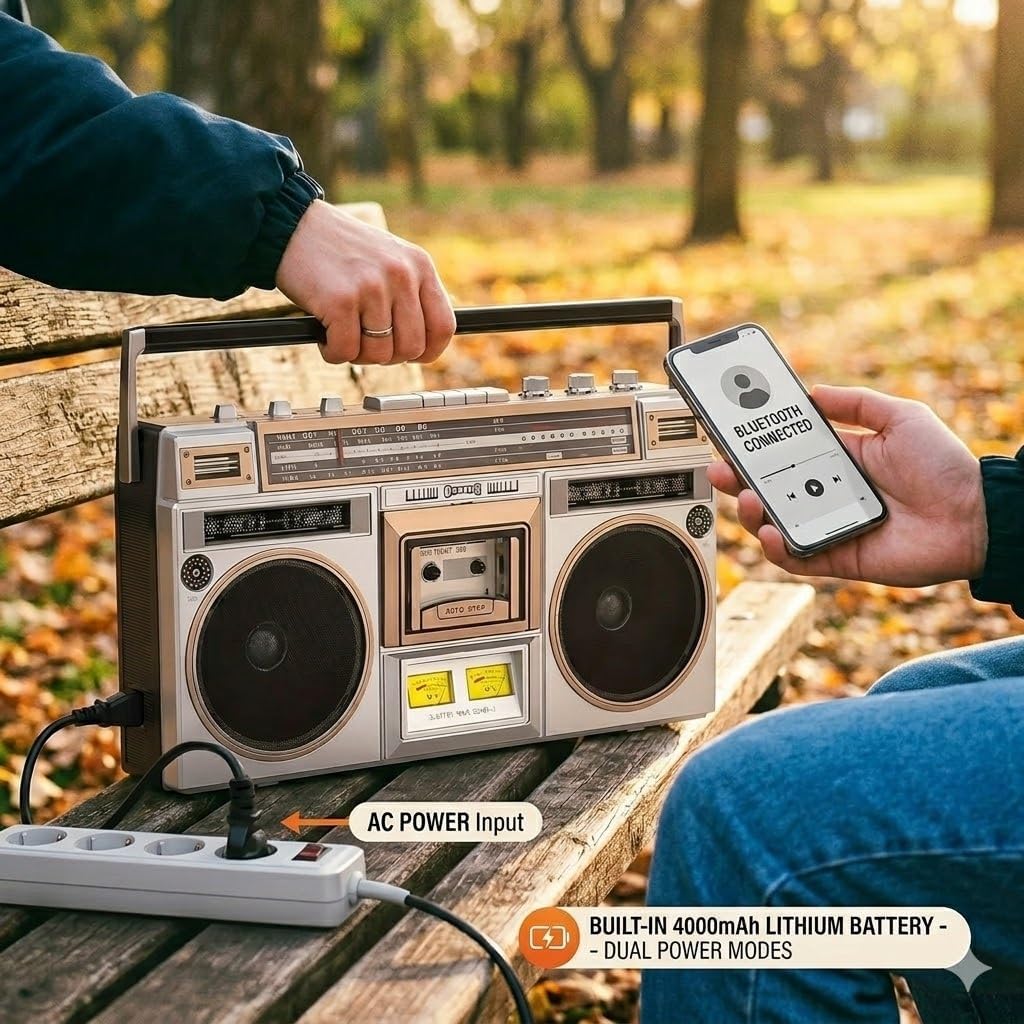 Retro Bluetooth Boombox Cassette Player with AM/FM/SW Radio, Classic 80s Portable Stereo Tape Recorder, Built-in 4000mAh Rechargeable Battery & AC Power, Supports USB/TF Card & Recording(Black)