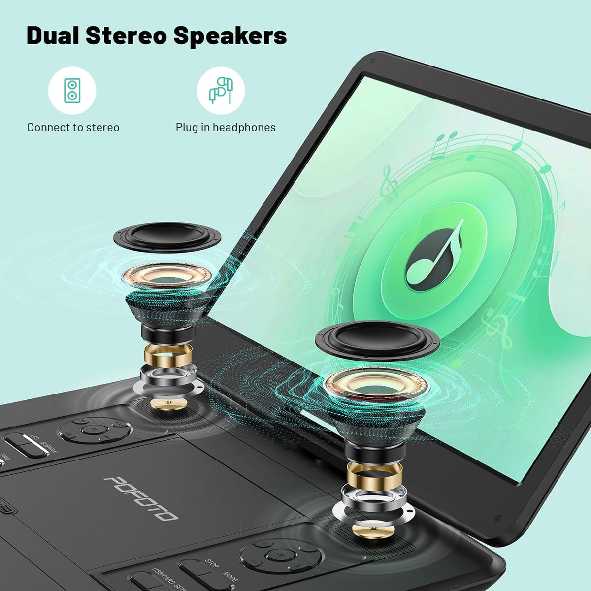 POFOTO 17.5” Portable DVD Player with 15.6” Large HD Screen, 6 Hours Rechargeable Battery, Dual Speakers, Region Free, Remote Control, Support Multi-Format Sync TV, USB/SD, Black