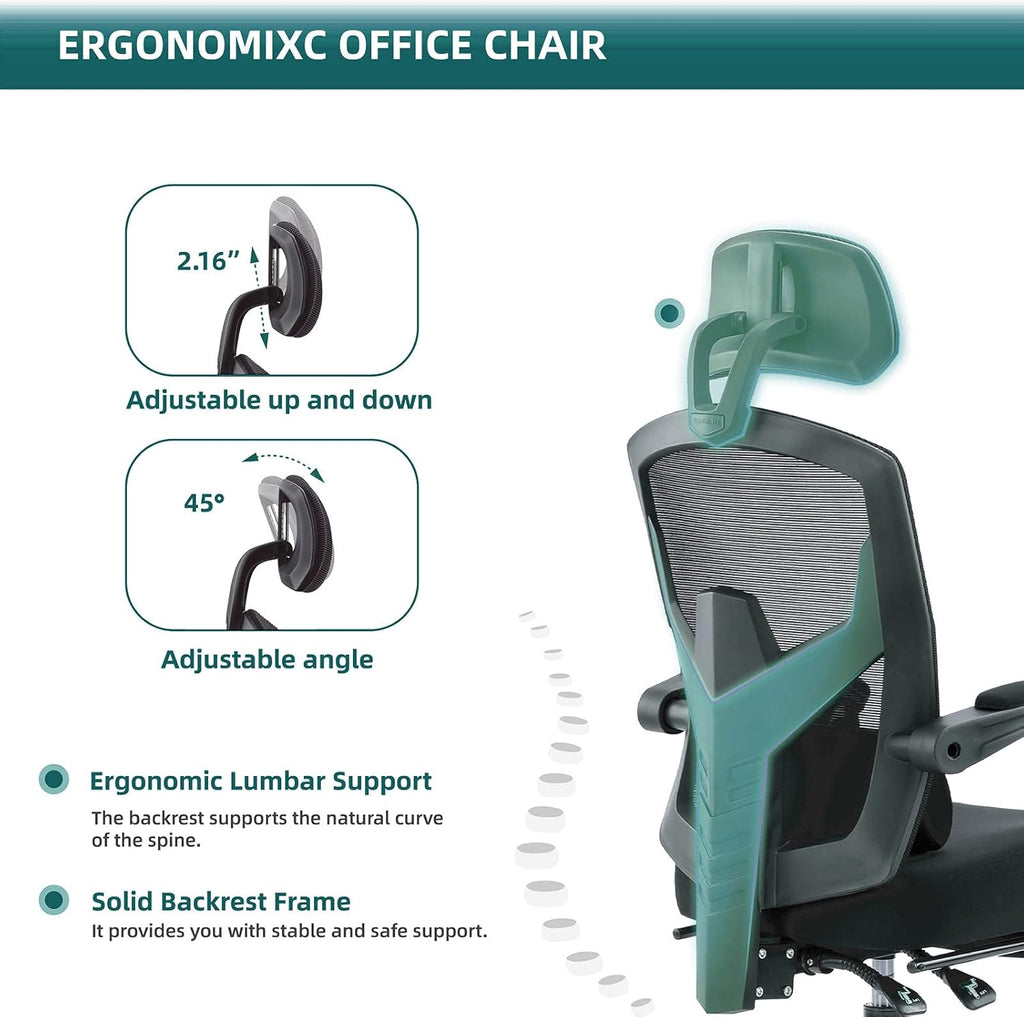 DUMOS Office Desk Computer Chair with Footrest, Ergonomic Mesh Swivel Gaming Chair with Rolling Wheels, Comfortable Headrest, Lumbar Support, Comfy for Home, Office, Task, Student, Inky
