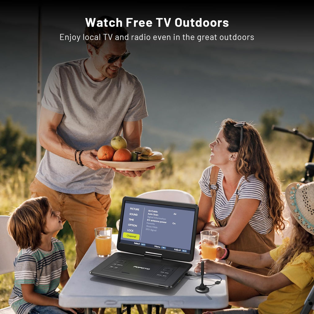POFOTO 17.5" Portable TV/DVD Player with 15.6" HD Swivel Screen, Built-in ATSC Tuner & FM, Rechargeable Battery, Supports HDMI in/USB/Micro SD/AV Out, Multi-Disc Formats, Black