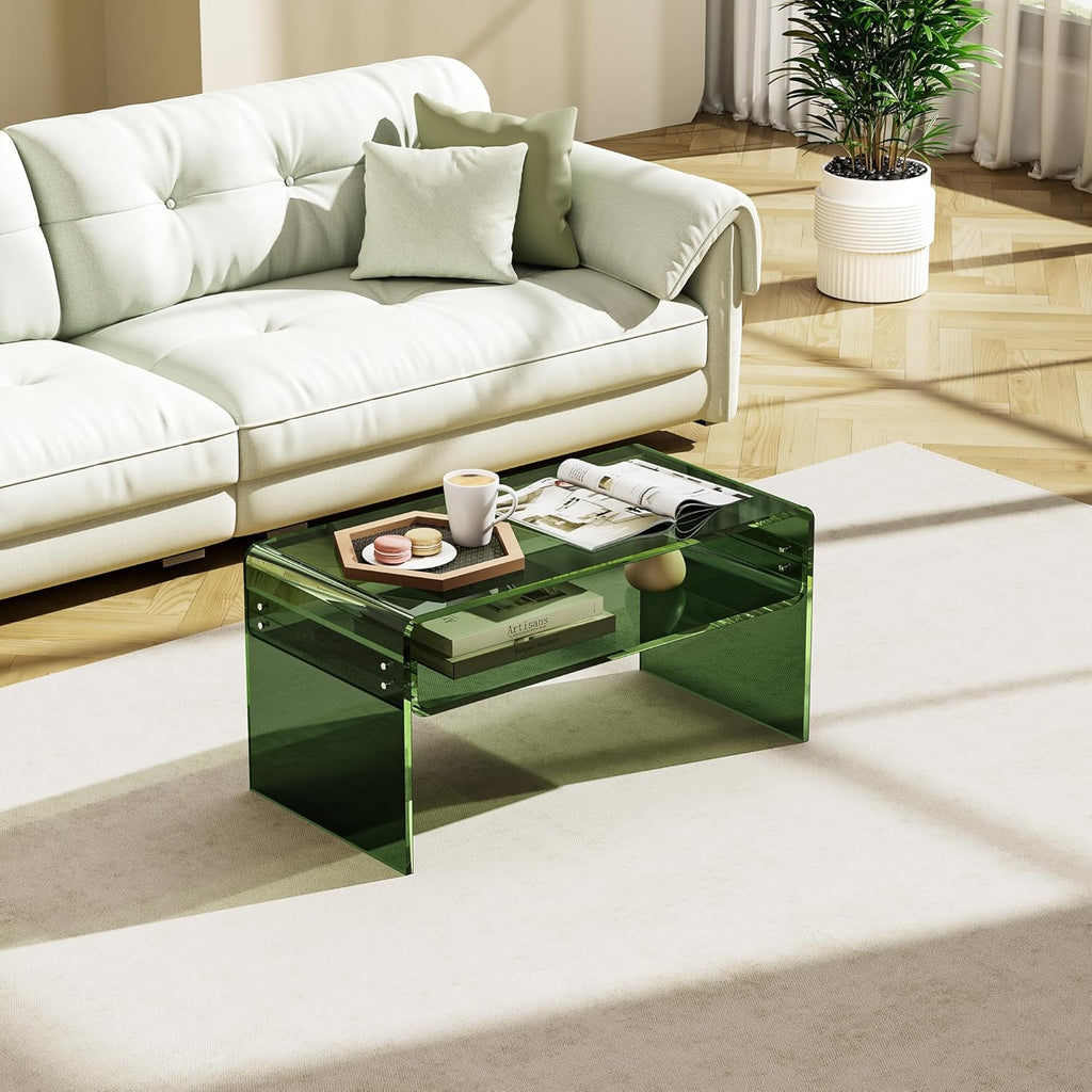 Acrylic Coffee Table for Living Room Clear Rectangle Lucite Table with Open Storage Shelf (1, Green, Nomal)