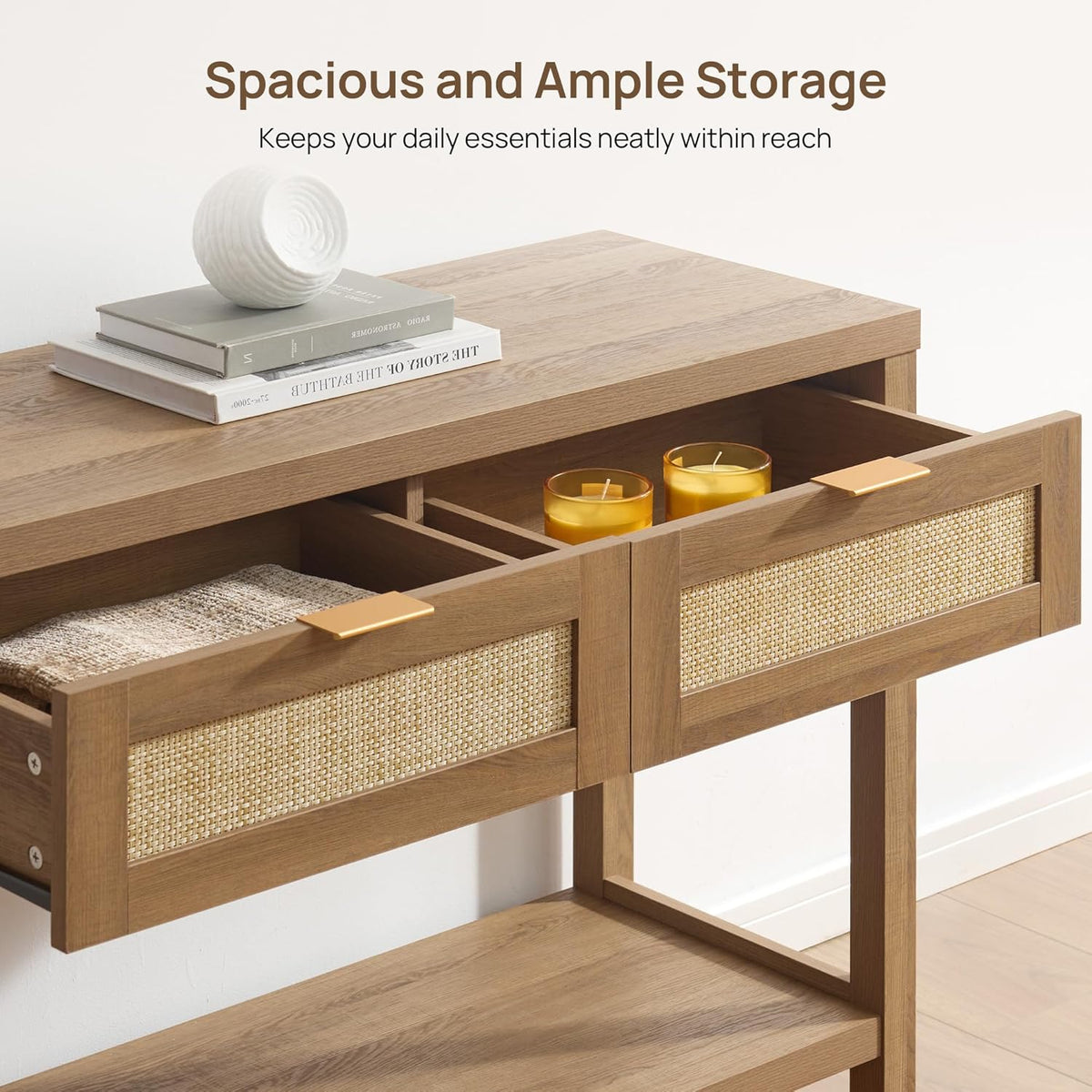 SICOTAS Console Table with Rattan Drawers - Boho Rattan Entryway Table with Storage, Small Console Tables for Entryway, Entry Tables for Hallway