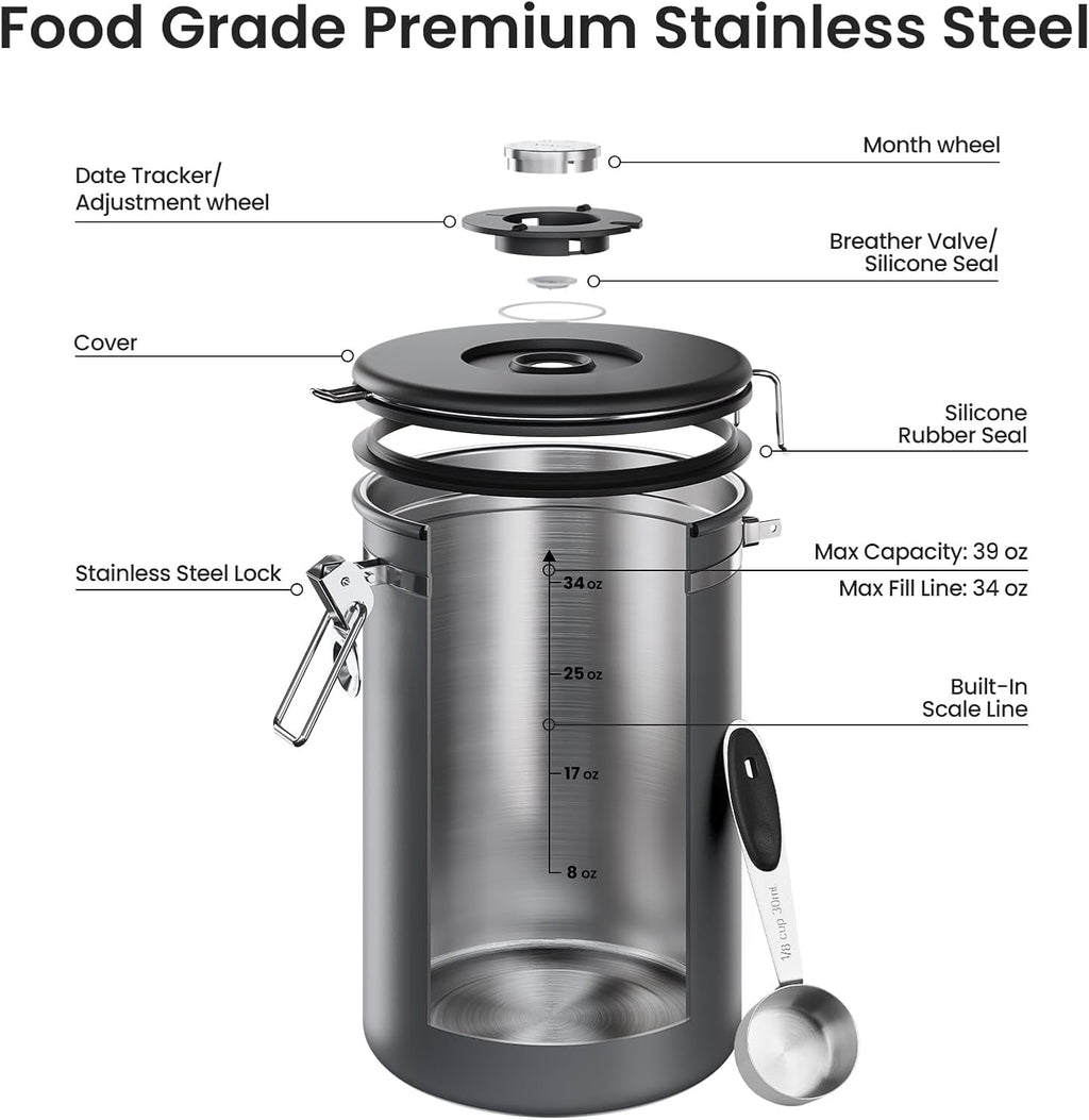 Veken Coffee Canister, 39OZ Large, Airtight Stainless Steel Food Storage Container for 2.2lbs Coffee Beans,Ground, Sugar,Espresso,Rice,Tea,Flour, Cereal,Home Kitchen Pantry Bar Accessories, Gifts,Gray