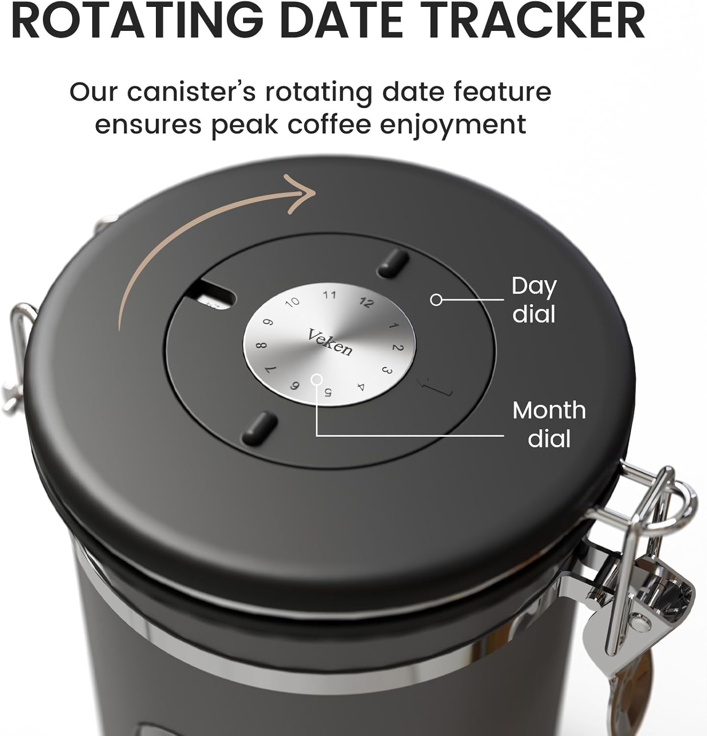 Veken Large Coffee Canister with Window, Kitchen Food Storage Airtight Stainless Steel Container for 2.2lbs Coffee Beans, Grounds, Rice,Tea, Flour, Cereal, Sugar Jars,Date Tracker and Scoop 39oz,Black