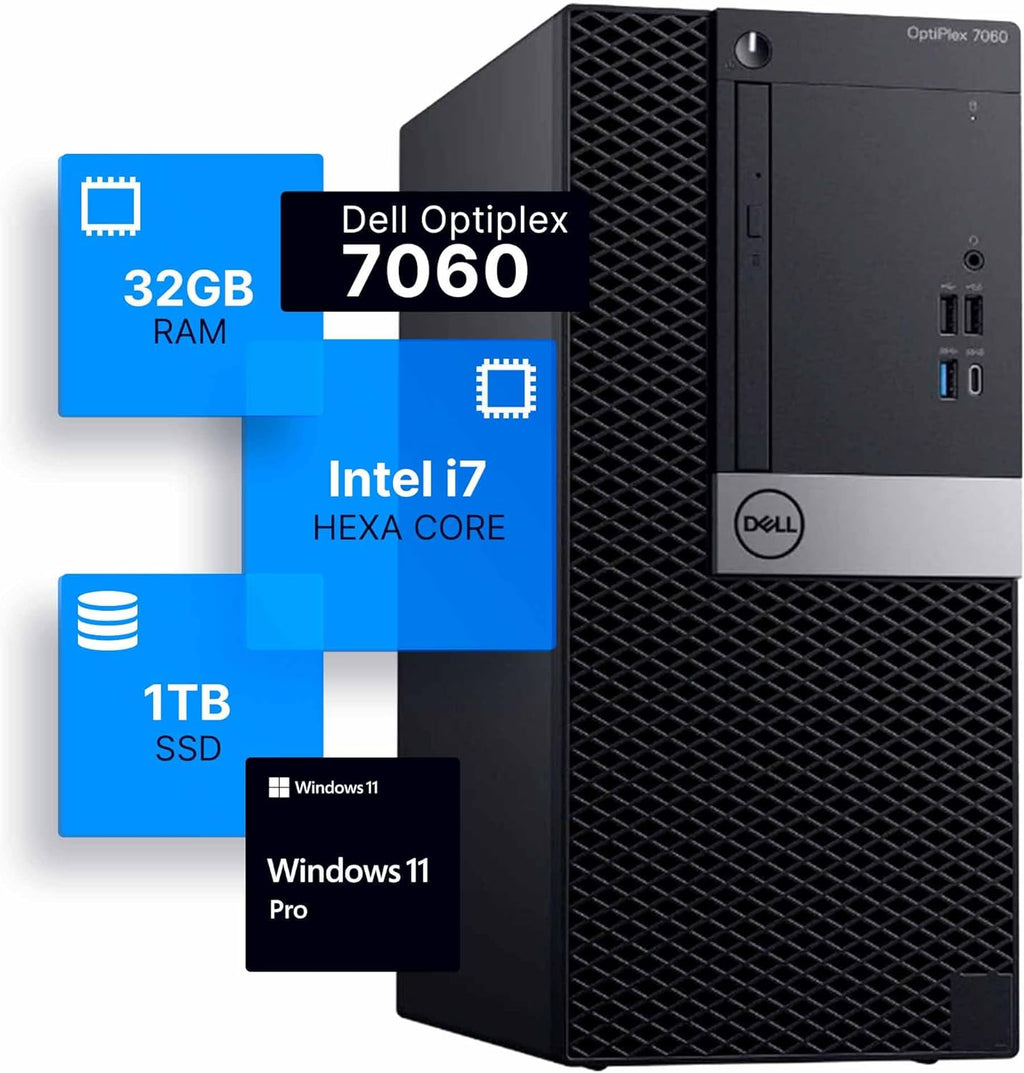 Dell Optiplex 7060 Tower Desktop Computer | Intel i7-8700 (3.4) | 32GB DDR4 RAM | 1TB SSD Solid State | Windows 11 Professional | Home or Office PC (Renewed)