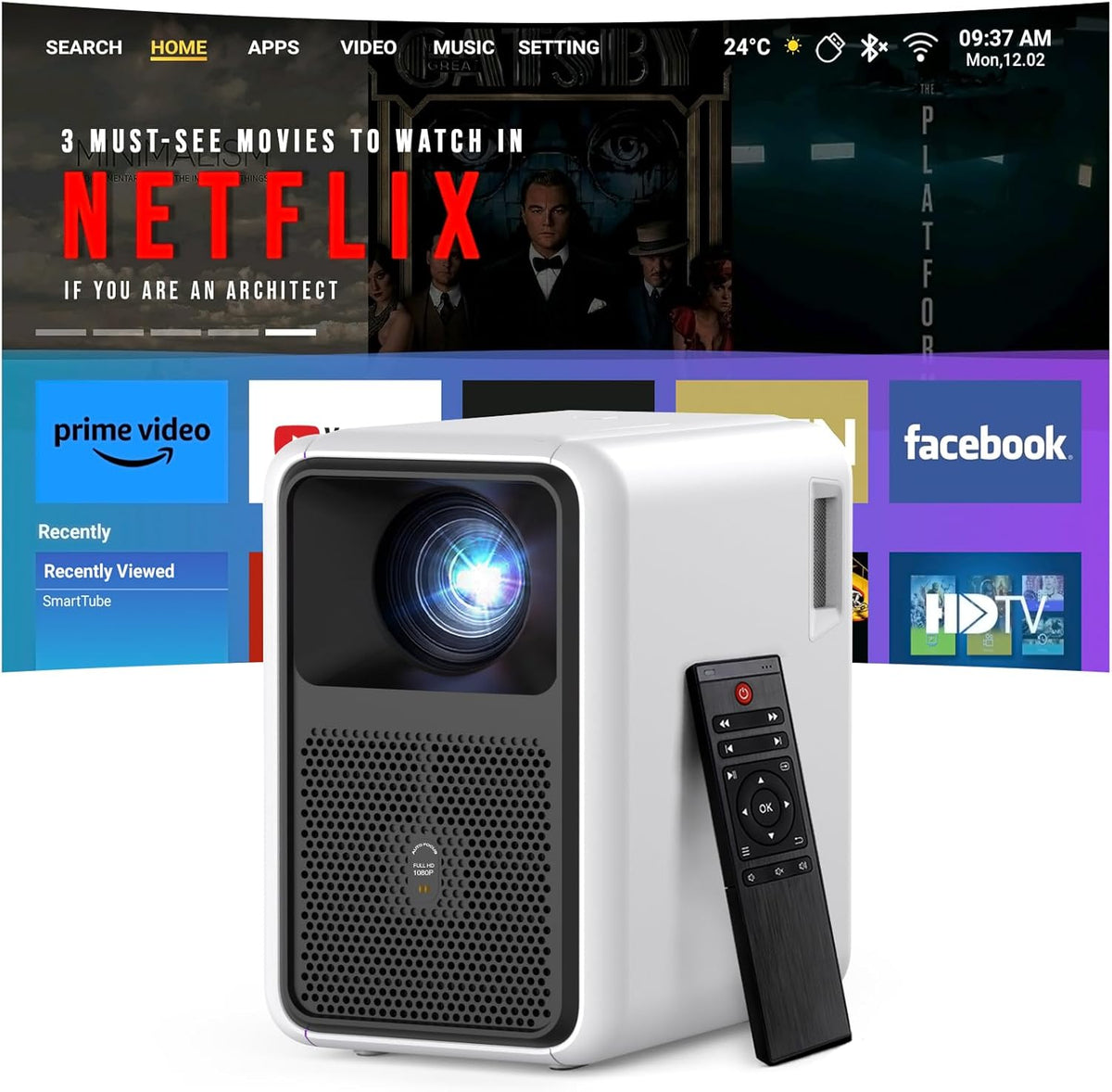 Smart 4K Projector with WiFi and Bluetooth,Built-in Apps,2800 ANSI,Auto Focus & Keystone,Home Theater Movie Projector for Indoor Bedroom Cinema Gaming & Outdoor