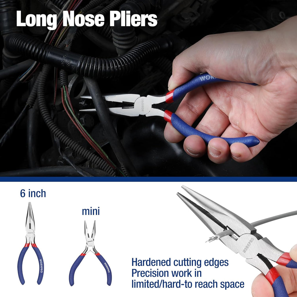 7-piece WORKPRO Pliers Set with Groove Joint, Long Nose, Slip Joint, Linesman, and Diagonal Pliers for DIY & Home Use