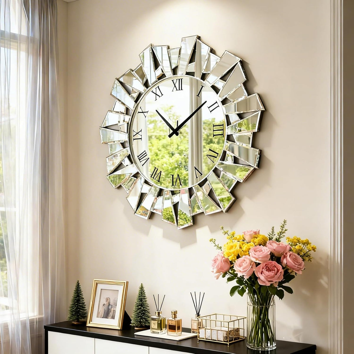 SHYFOY Silver Wall Clock – 23.62" Large Modern Mirror Clock with Roman Numerals, Luxury Art Wall Deco for Living Room, Bedroom and Dining Room