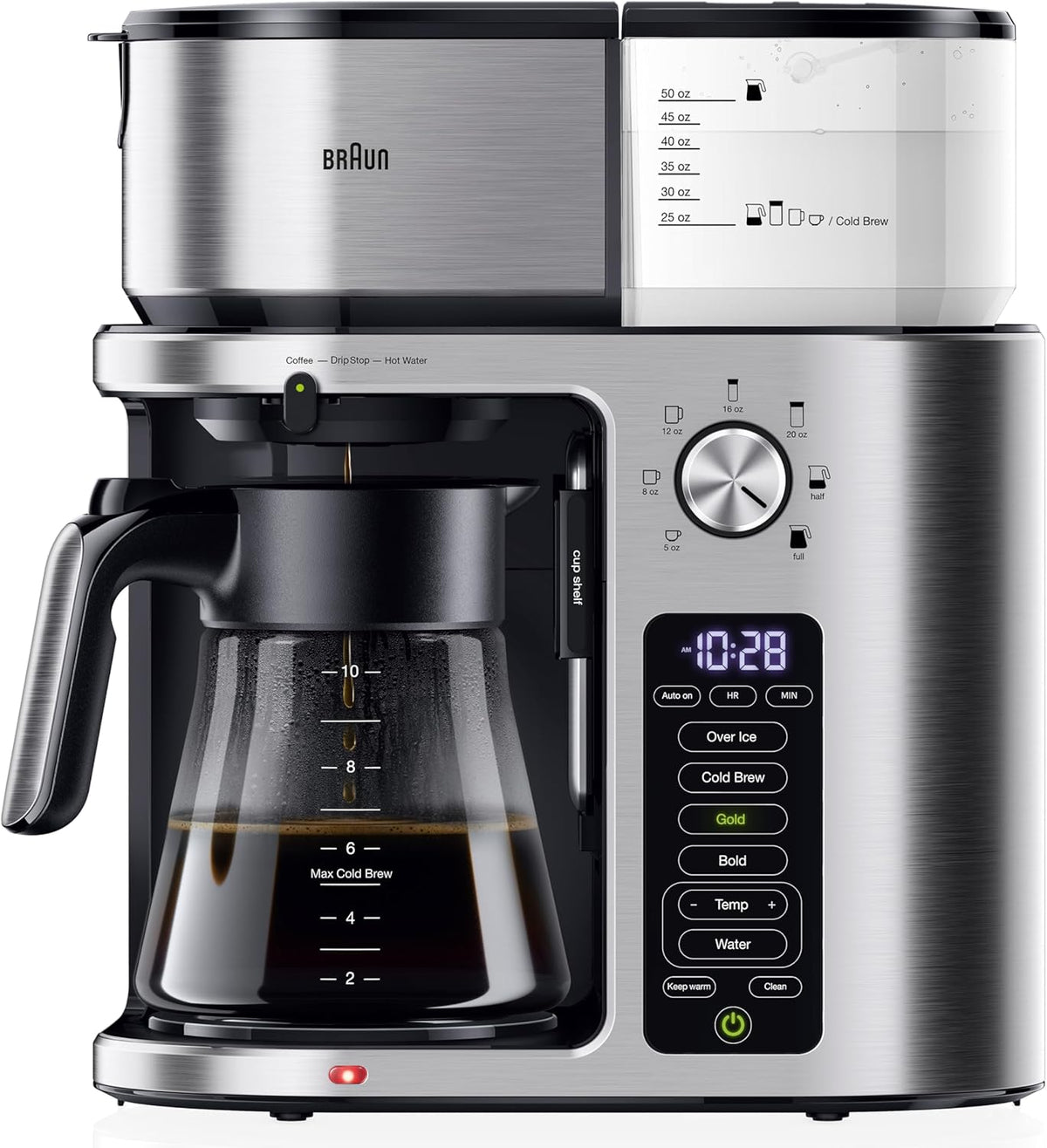Braun MultiServe Plus 10-Cup Drip Coffee Maker - Hot & Cold Multi-Serve Brewer with Timer and Auto Start, Hot Water Dispenser, Over Ice Function, Stainless Steel & Pod-Free Design, KF9370SI