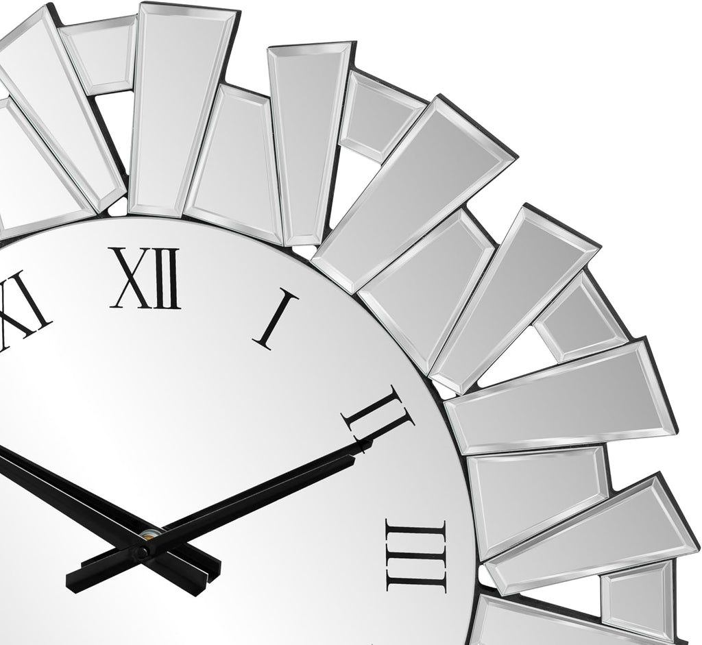 SHYFOY Silver Wall Clock – 23.62" Large Modern Mirror Clock with Roman Numerals, Luxury Art Wall Deco for Living Room, Bedroom and Dining Room