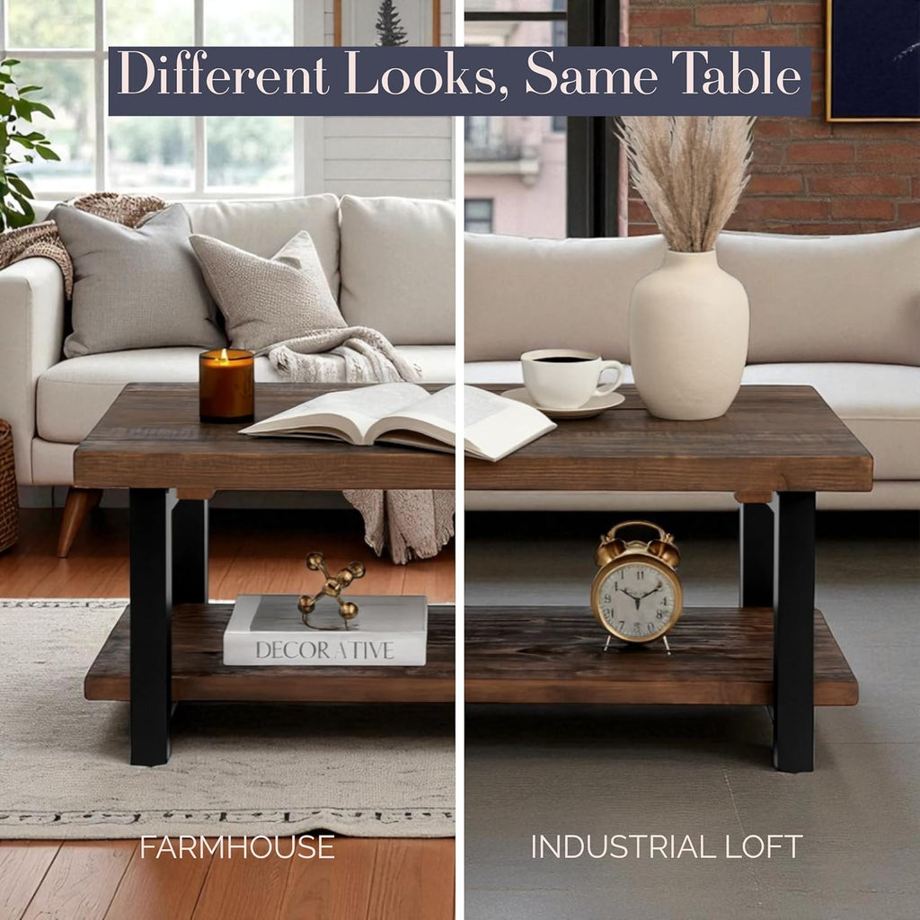 Alaterre Furniture Pomona Rustic Coffee Table with Storage Shelf - 42-Inch Industrial Modern Metal and Solid Wood Living Room Table - Easy Assembly Farmhouse Living Room Furniture (Rustic Natural)