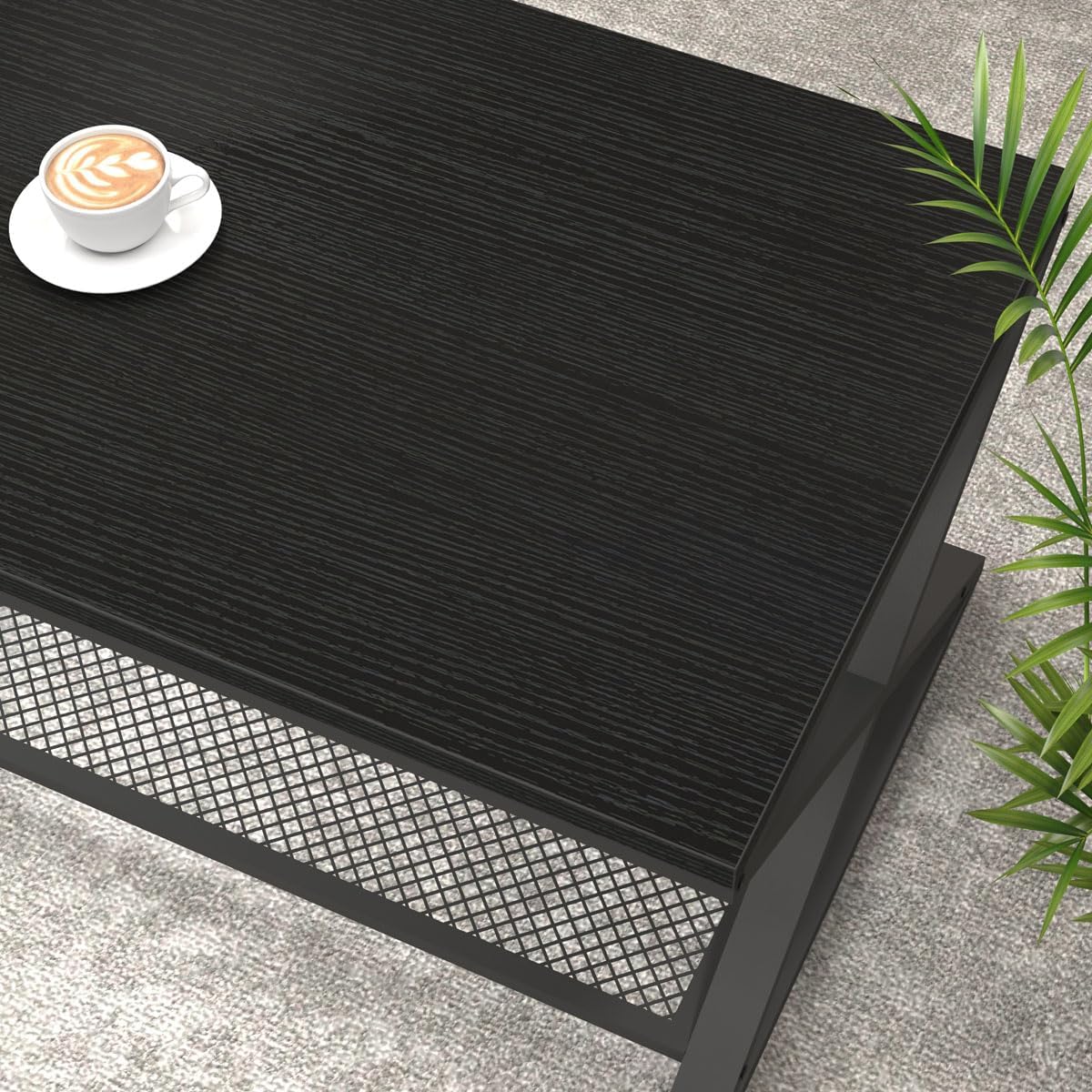 LVB Black Coffee Table, Wood Metal 2 Tier Center Tables with Storage Shelf, Modern Rectangular Concrete Tea Table for Living Room, Wooden Middle Cocktail Table for Office Bedroom, 47 inch, Black Oak