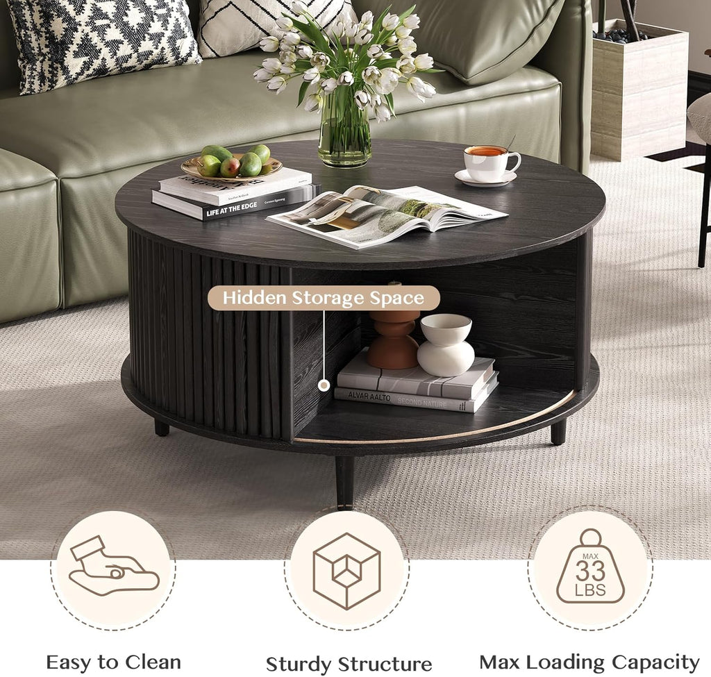 SULIVES Black Round Coffee Table with Storage, 31.5" Wood Drum Table, Fluted Circle Center Table for Living Room, Modern Mid Century Furniture with Sliding Door