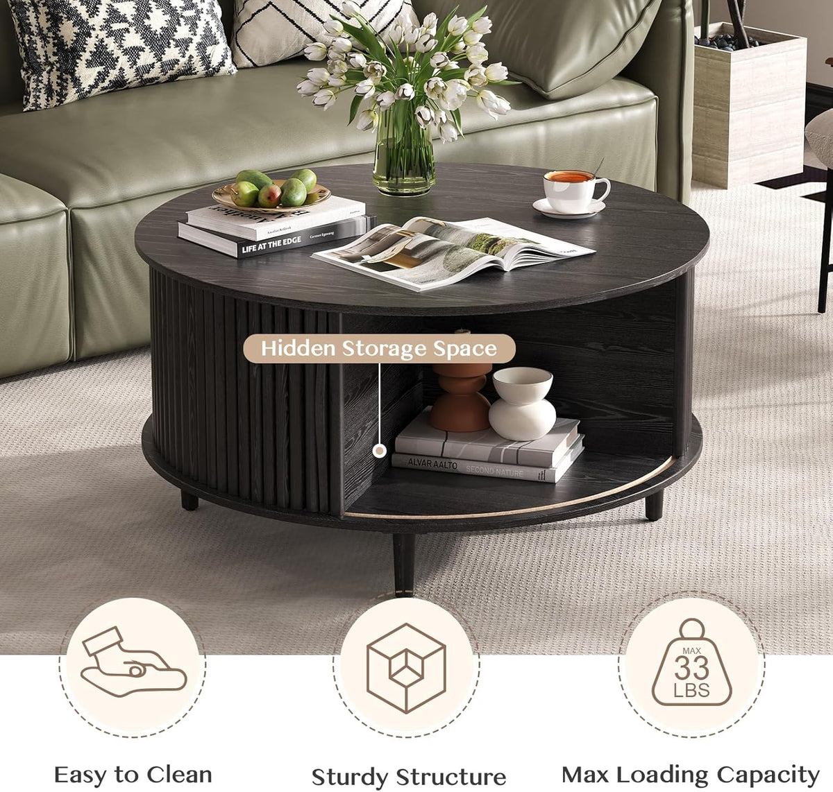 SULIVES Black Round Coffee Table with Storage, 31.5" Wood Drum Table, Fluted Circle Center Table for Living Room, Modern Mid Century Furniture with Sliding Door