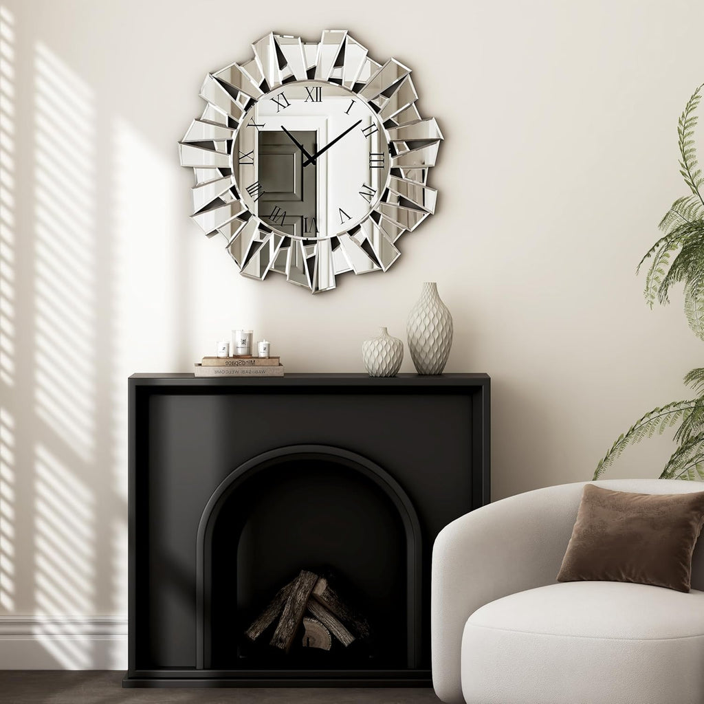SHYFOY Silver Wall Clock – 23.62" Large Modern Mirror Clock with Roman Numerals, Luxury Art Wall Deco for Living Room, Bedroom and Dining Room