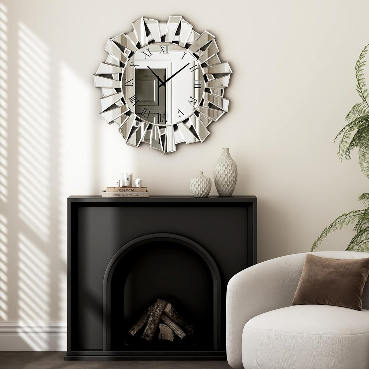 SHYFOY Silver Wall Clock – 23.62" Large Modern Mirror Clock with Roman Numerals, Luxury Art Wall Deco for Living Room, Bedroom and Dining Room