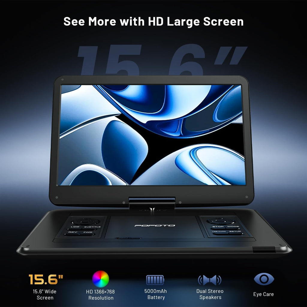 POFOTO 17.5" Portable TV/DVD Player with 15.6" HD Swivel Screen, Built-in ATSC Tuner & FM, Rechargeable Battery, Supports HDMI in/USB/Micro SD/AV Out, Multi-Disc Formats, Black